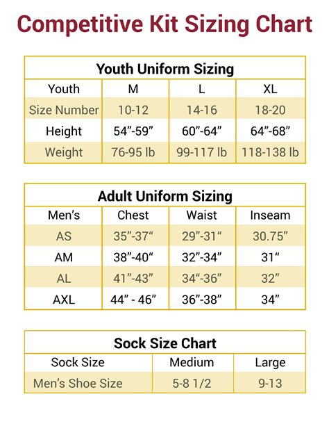 youth soccer uniform size chart